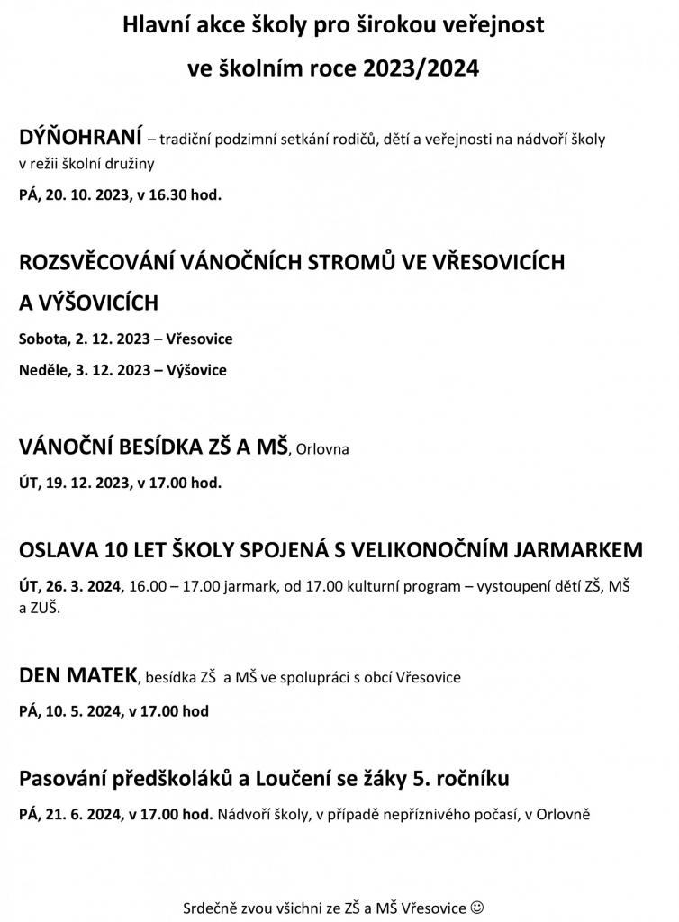 Hlavní akce školy pro širokou veřejnost ve školním roce 2023/2024